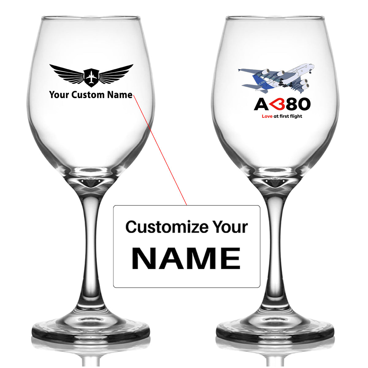 Airbus A380 Love at first flight Designed Wine Glasses