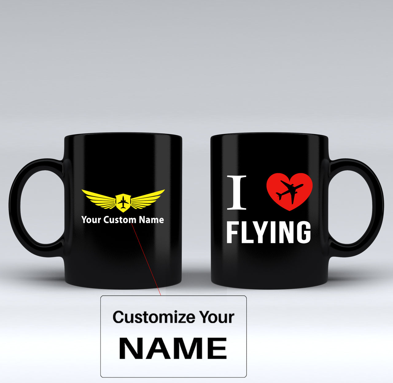 I Love Flying Designed Black Mugs