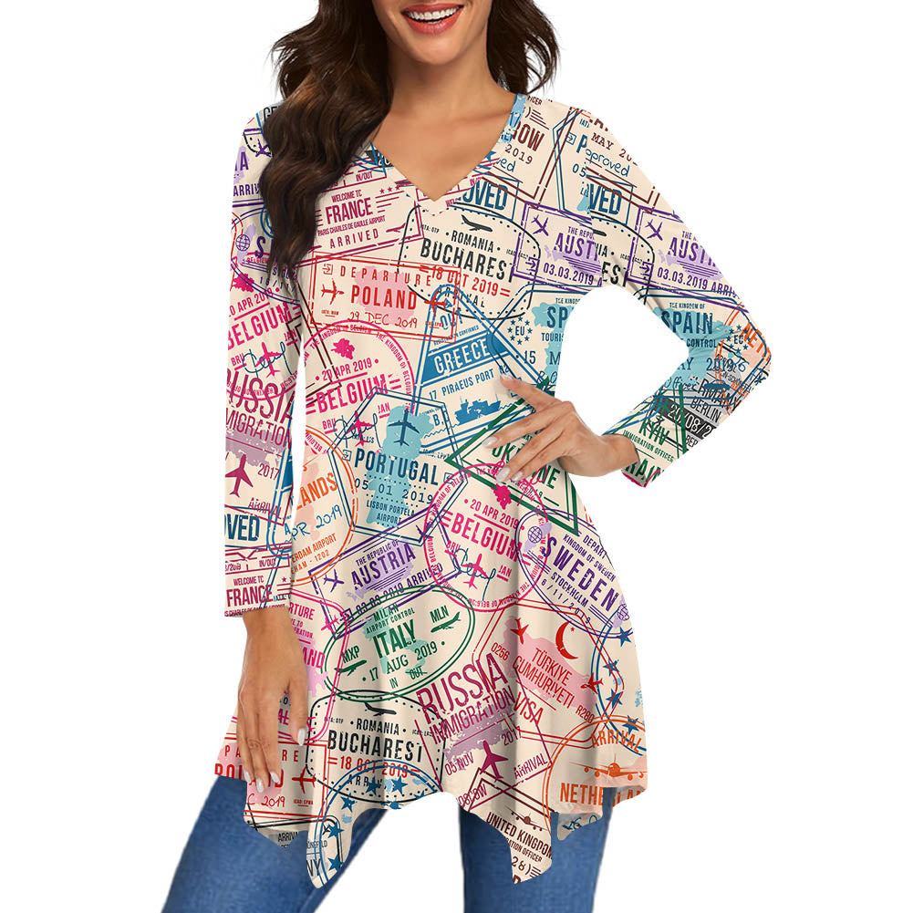 Passport Stamps 2 Designed Women Lrregular V-neck Skirts