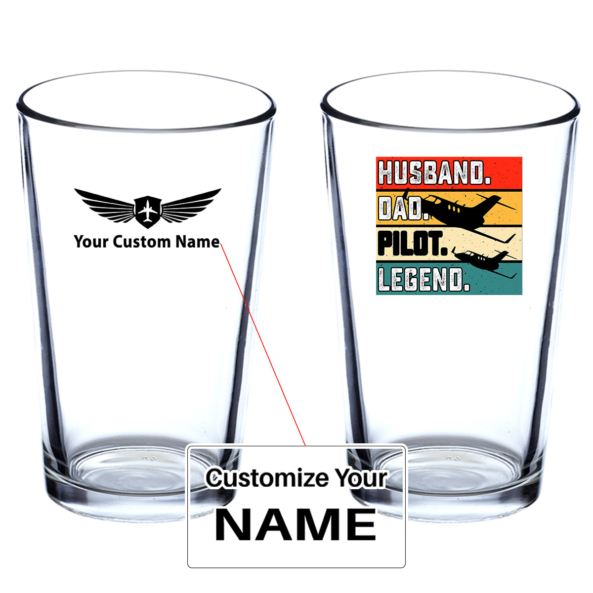 Husband & Dad & Pilot & Legend Designed Beer & Water Glasses