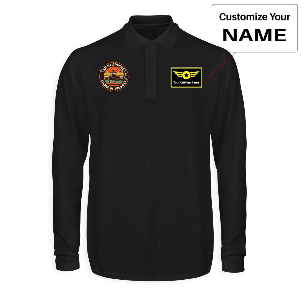 Retro Apache AH-64 Designed Long Sleeve Polo T-Shirts
