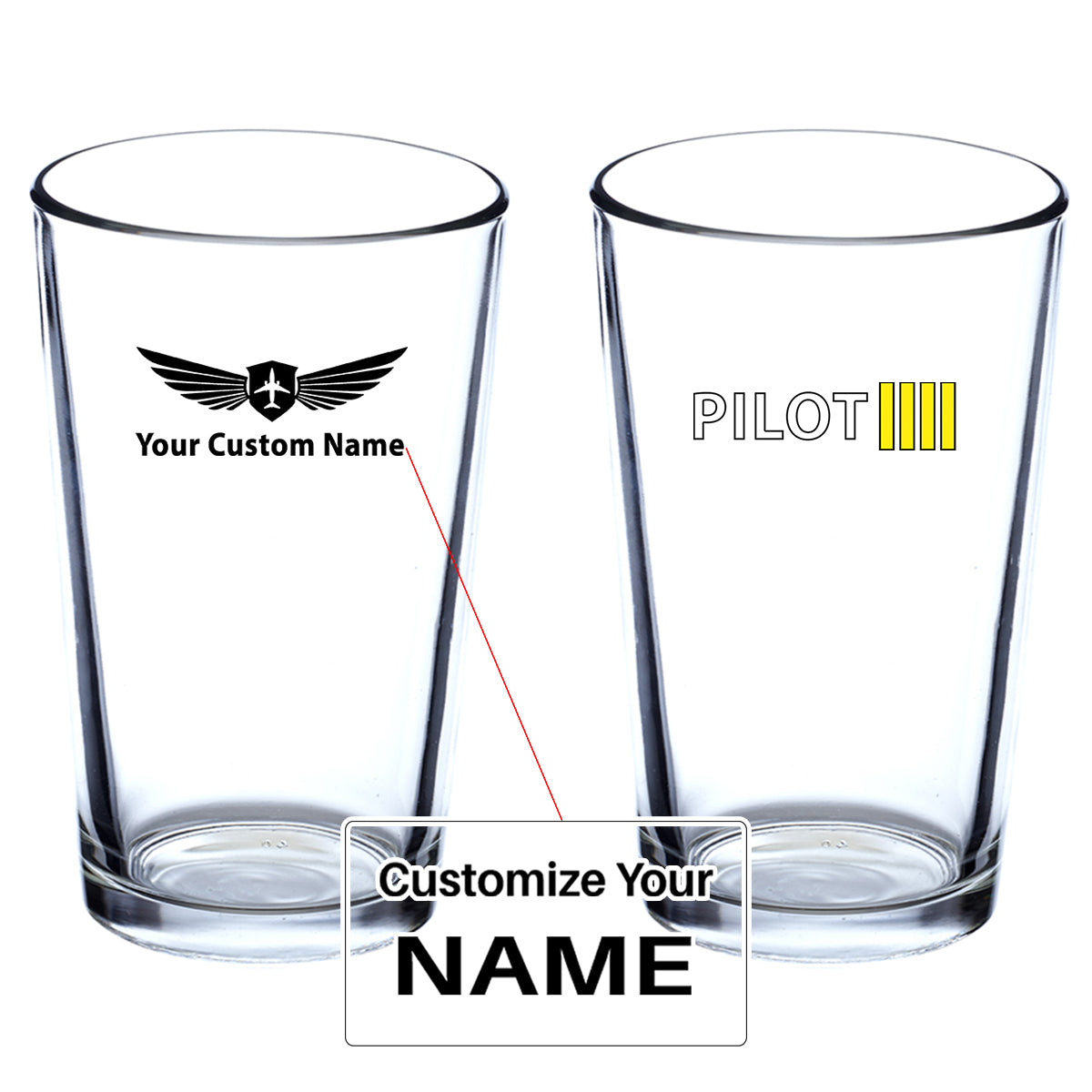 Pilot & Stripes (4 Lines) Designed Beer & Water Glasses
