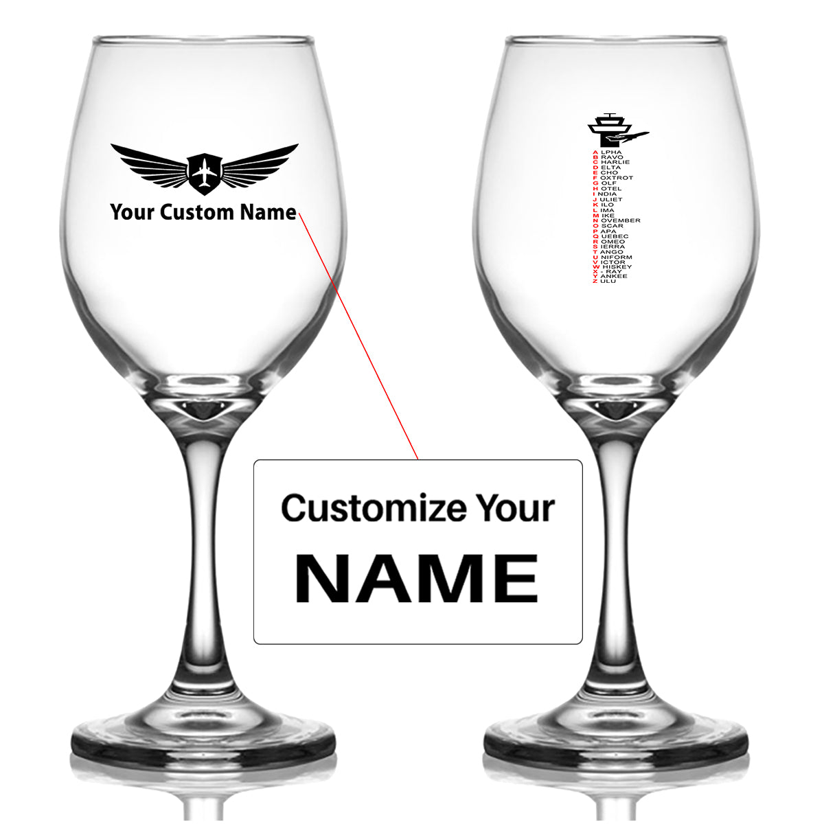 Aviation Alphabet Designed Wine Glasses