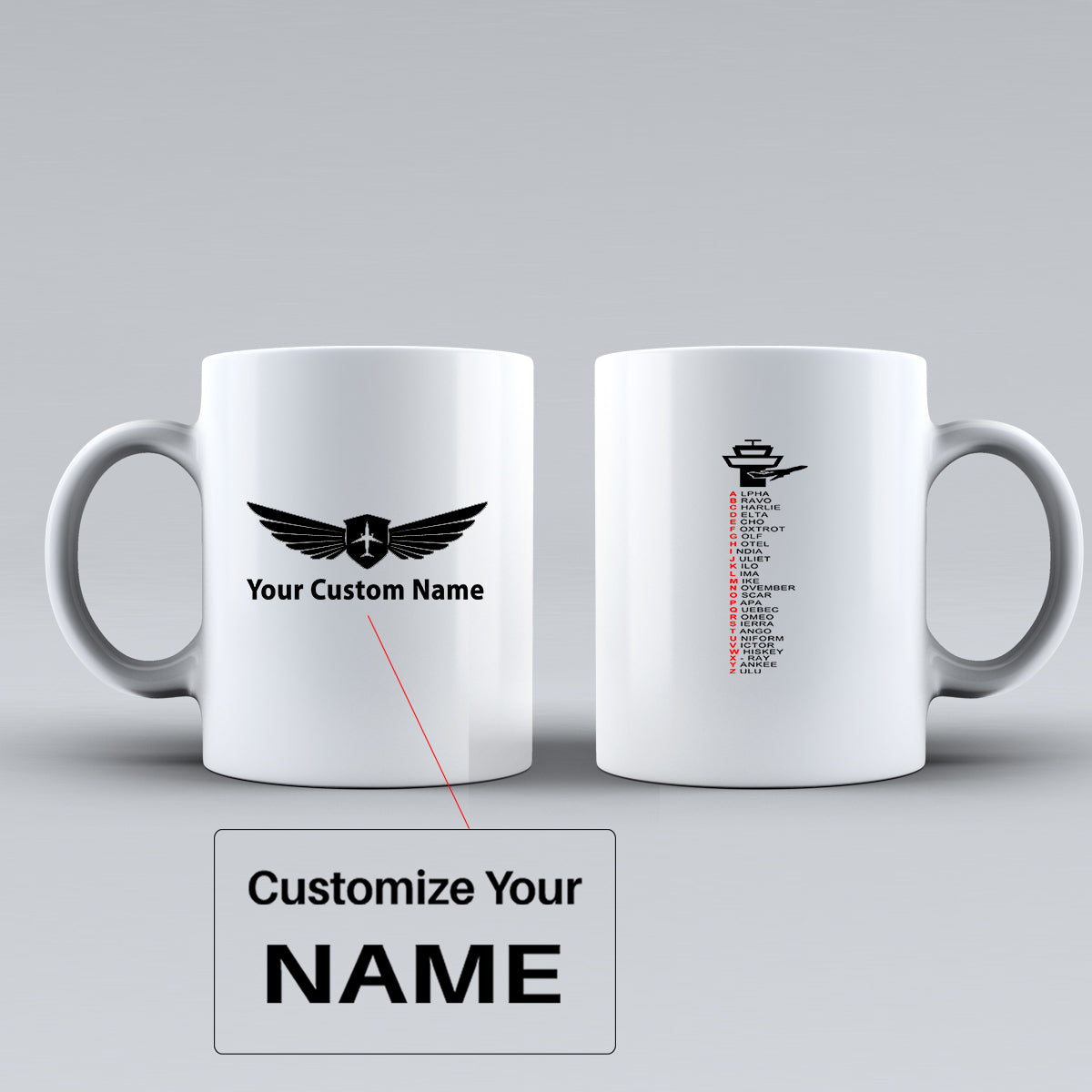 Aviation Alphabet Designed Ceramic White Mugs