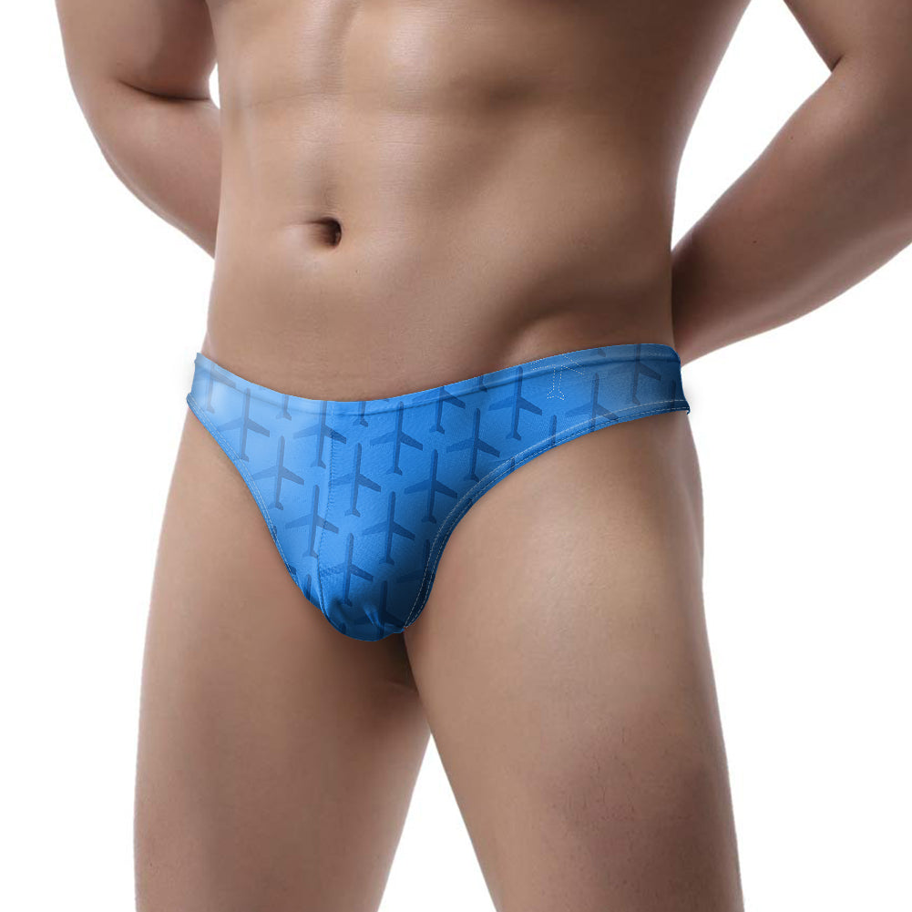 Blue Seamless Airplanes Designed Men Thong Underwear