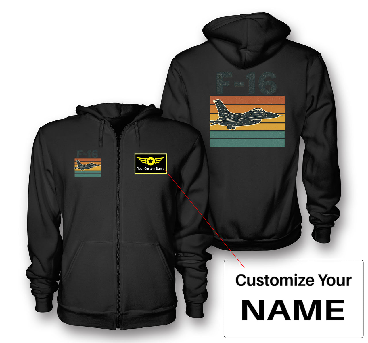 Retro Fighter Jet F16 Designed Zipped Hoodies