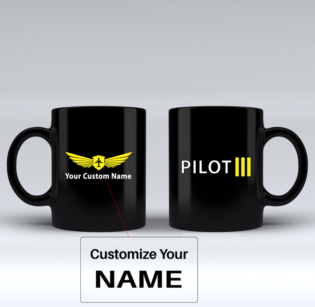 Pilot & Stripes (3 Lines) Designed Black Mugs