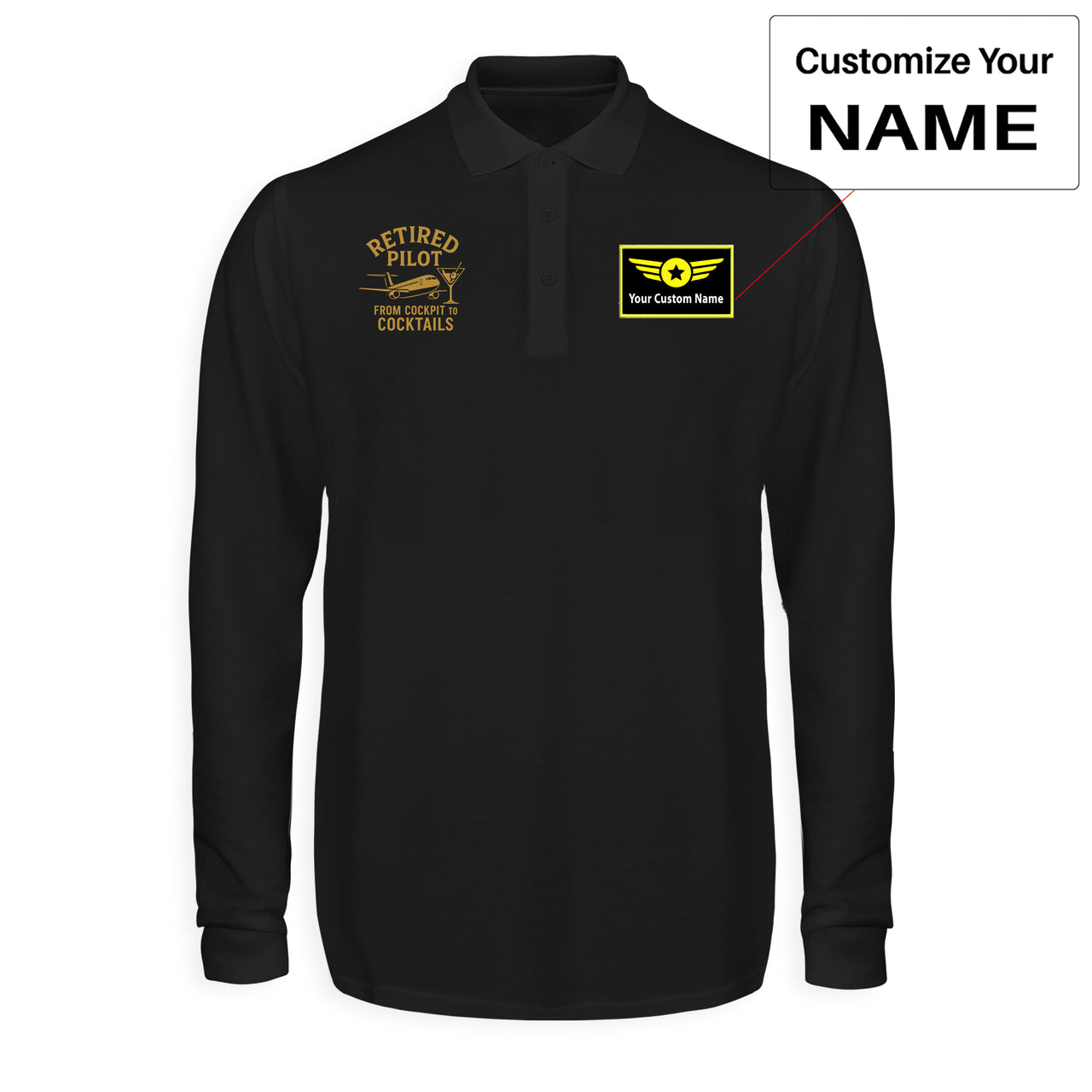 Retired Pilot & Coctails Designed Long Sleeve Polo T-Shirts