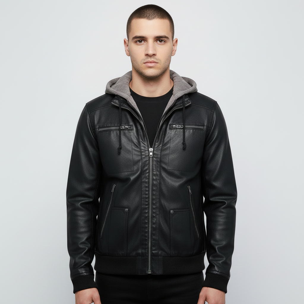 PU Leather Hooded Bomber Pilot Style Jackets