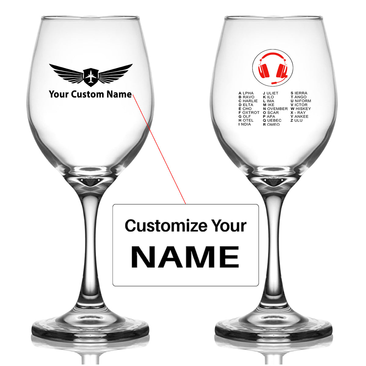 Aviation Alphabet 3 Designed Wine Glasses