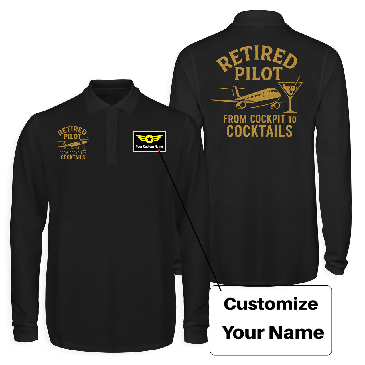 Retired Pilot & Coctails Designed Long Sleeve Polo T-Shirts (Double-Side)