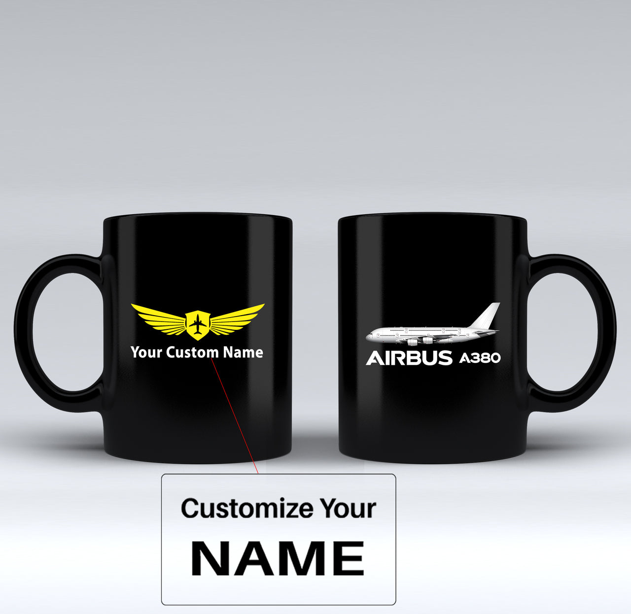 The Airbus A380 Designed Black Mugs