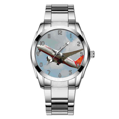 Side view of Air India's Boeing 787 aviation watch with stainless steel band in stainless steel, polished finish.
