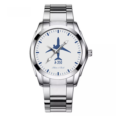 Side view of Airbus A350 aviation watch with stainless steel band in stainless steel, polished finish.