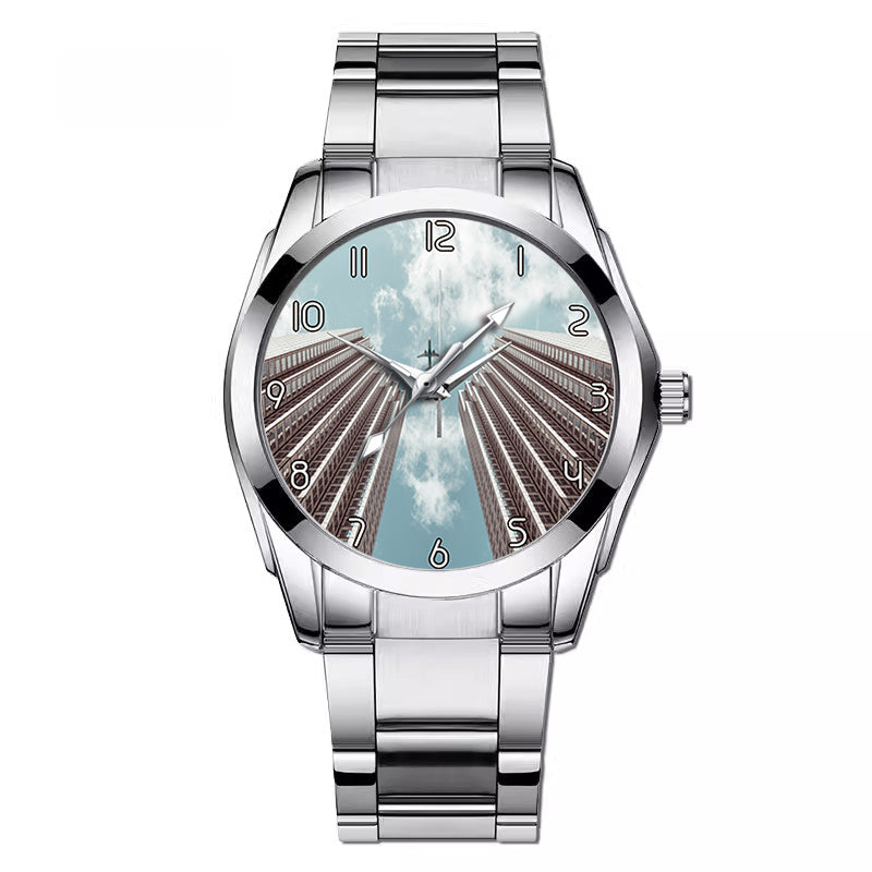 Airplane Flying over Big Buildings Designed Stainless Steel Band Watches