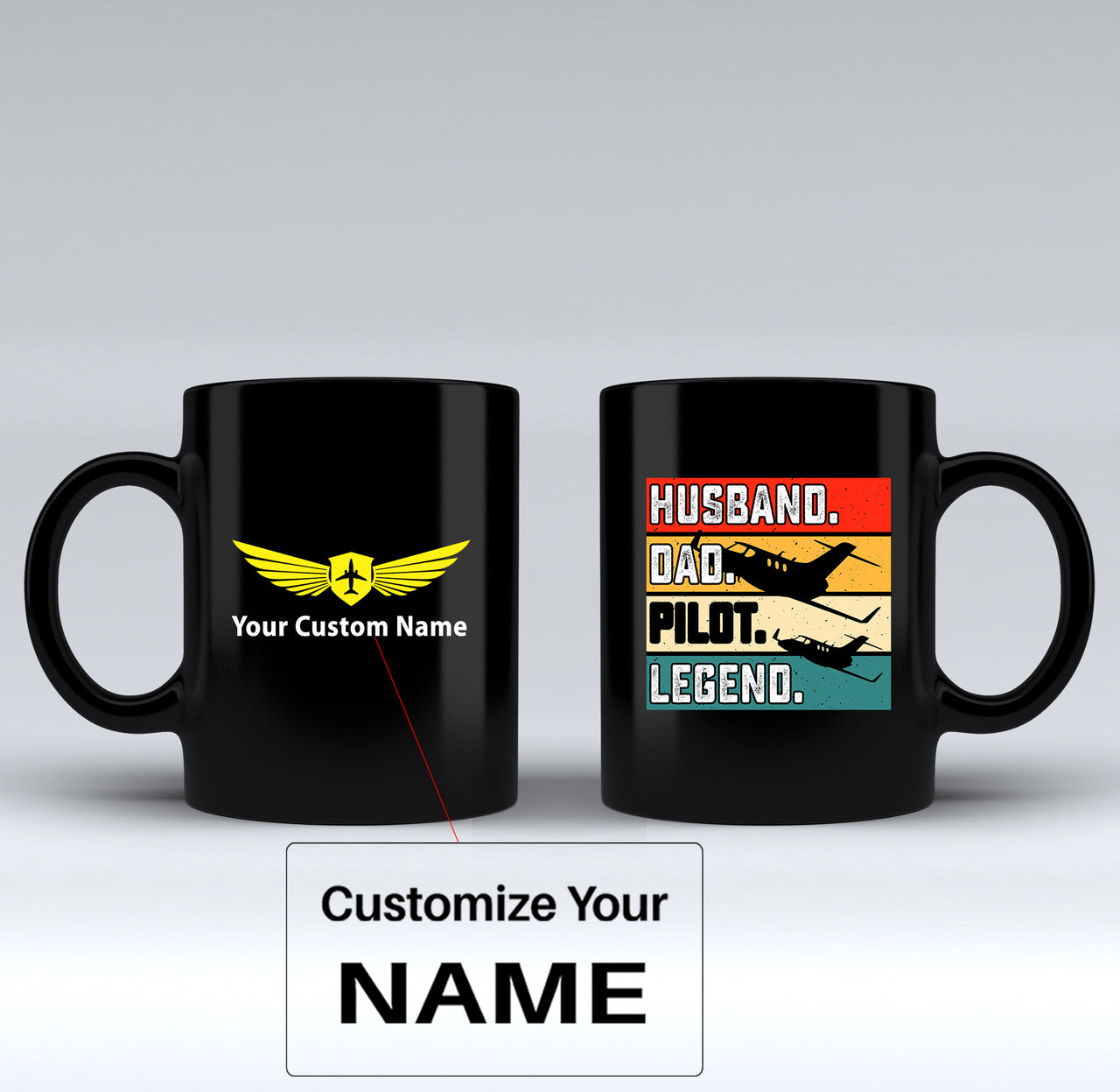 Husband & Dad & Pilot & Legend Designed Black Mugs