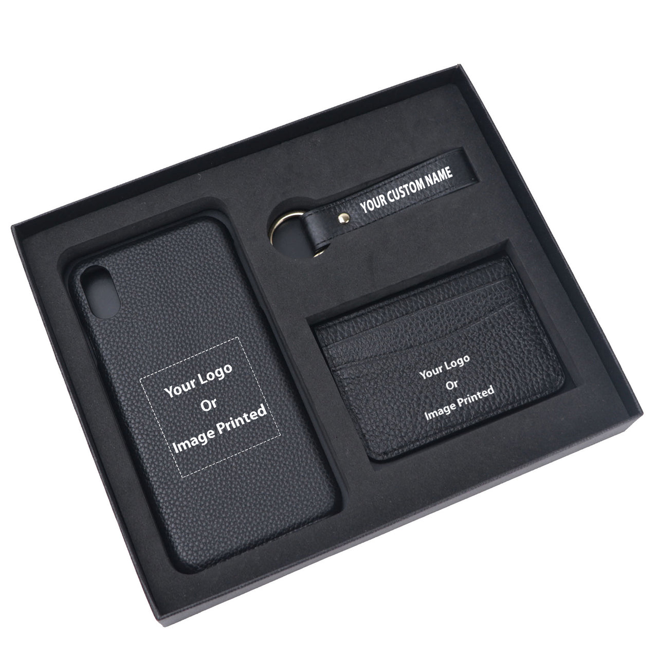 Your Custom Design & Image & Logo & Text Design Pebble Leather Phone Case For iPhone Keychain Card Holder Business Gift Set