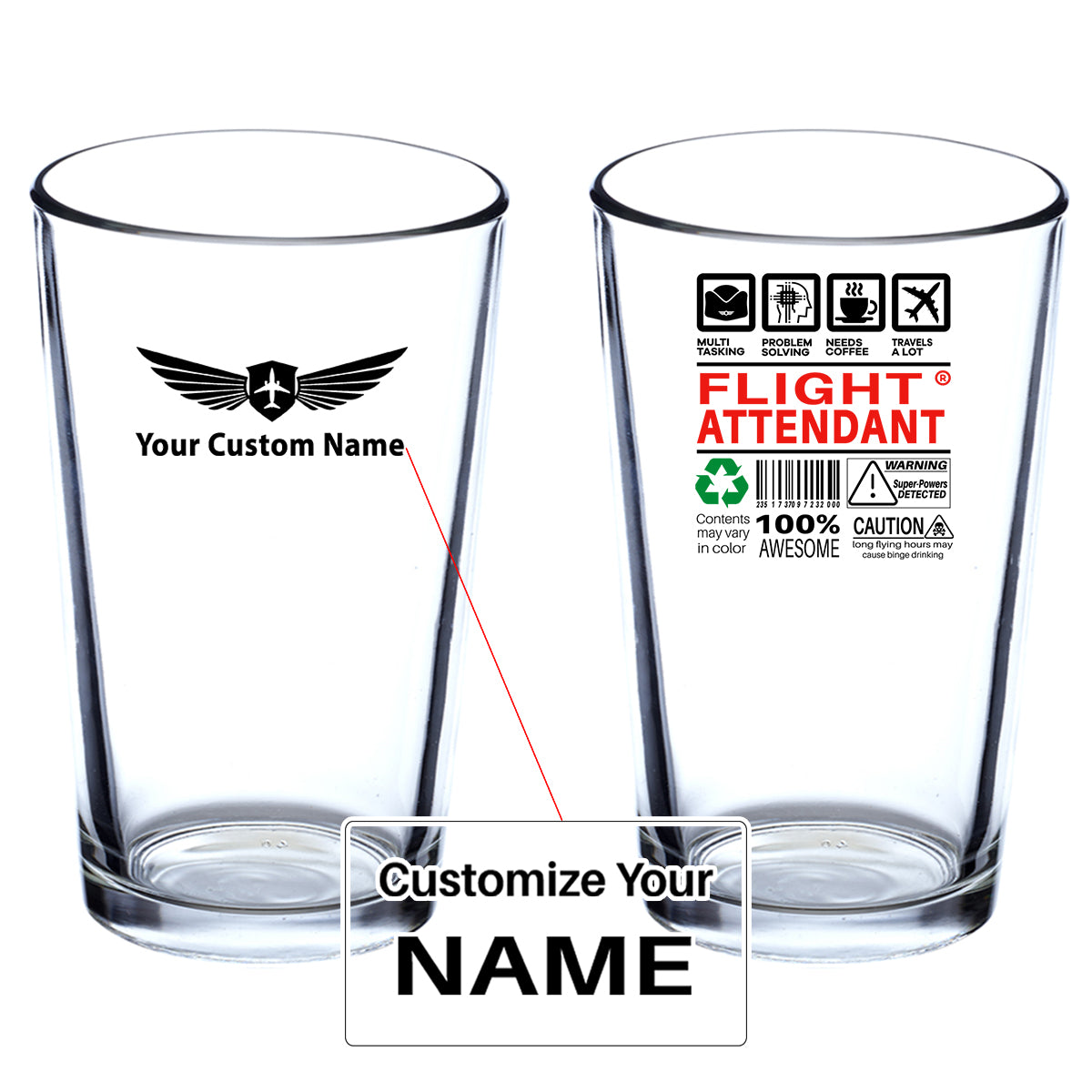 Flight Attendant Label Designed Beer & Water Glasses