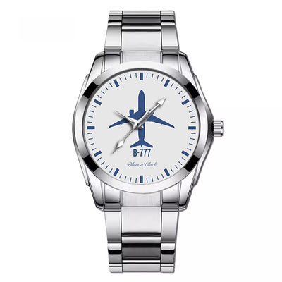 Boeing 777 aviation watch with stainless steel band, stainless steel body with engraved detail.