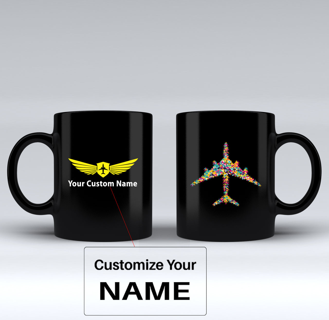 Colourful Airplane Designed Black Mugs