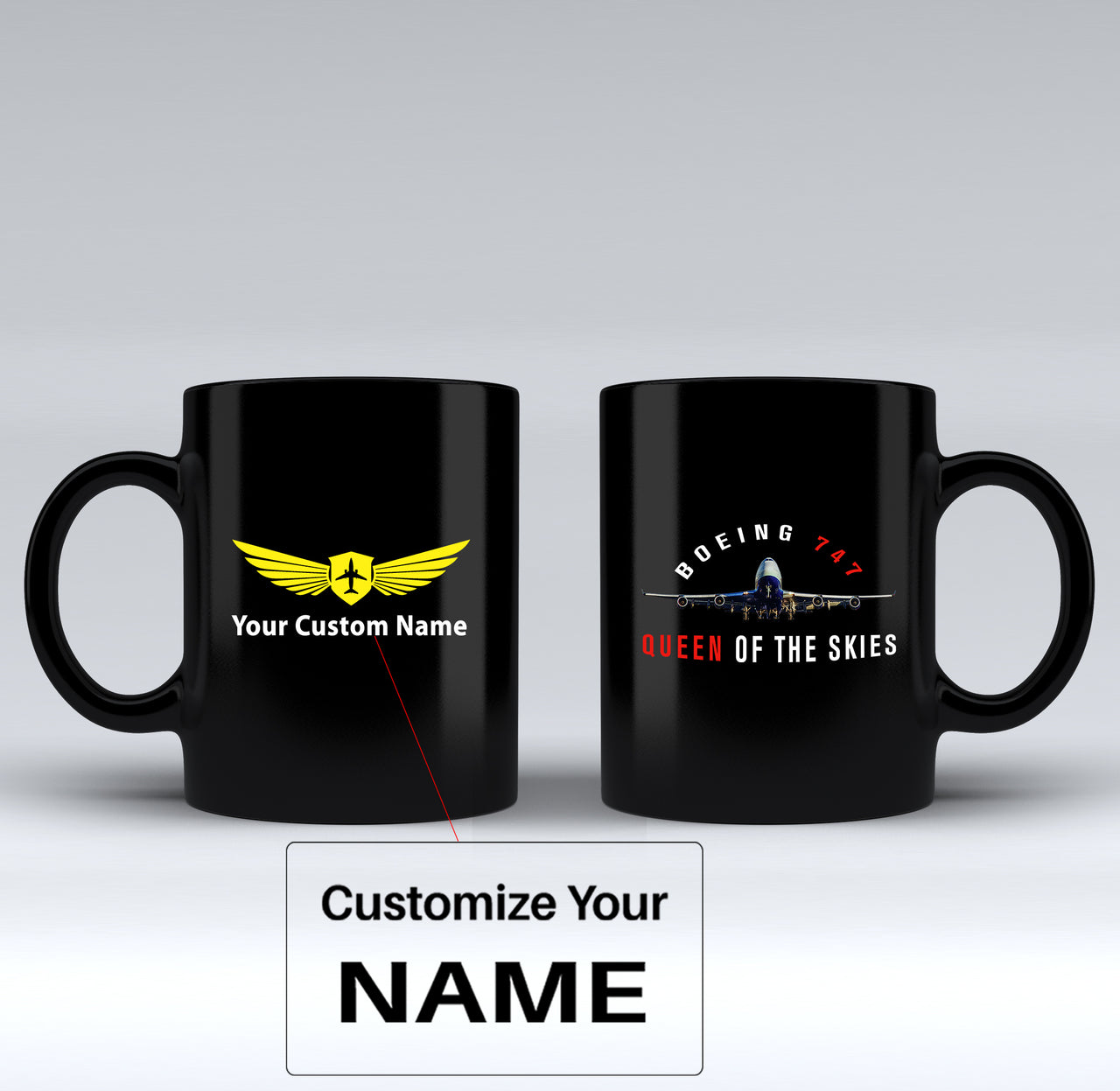 Boeing 747 Queen of the Skies Designed Black Mugs