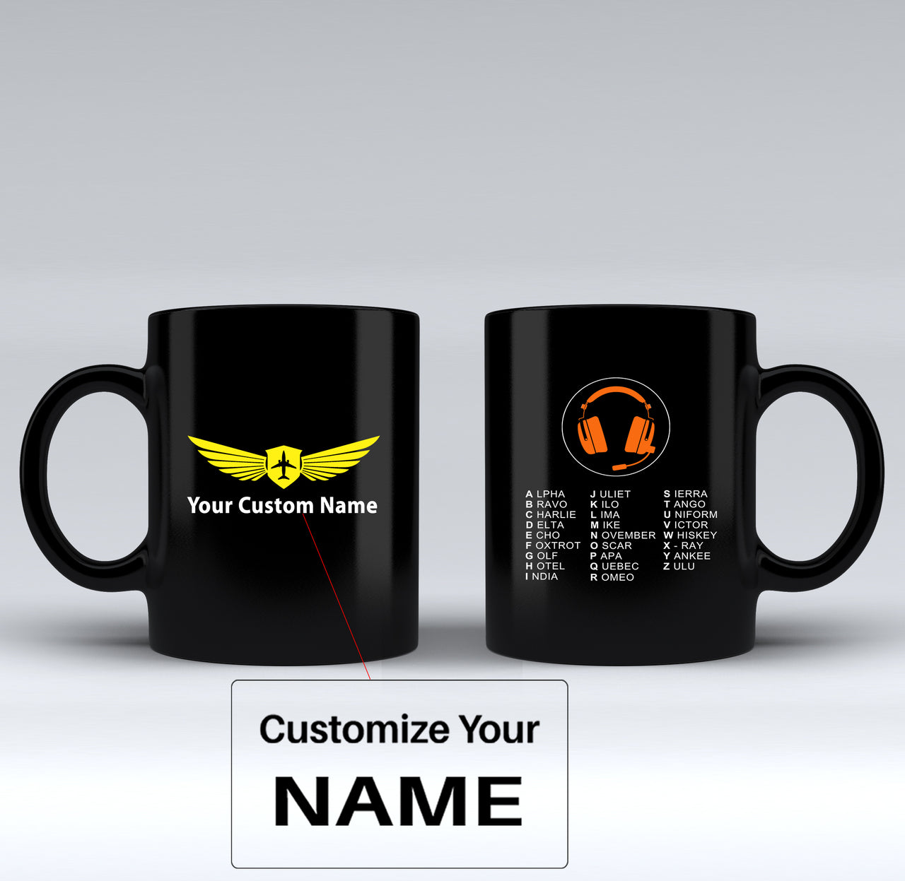 Aviation Alphabet 3 Designed Black Mugs