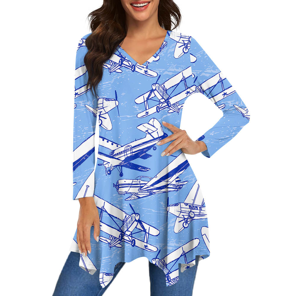 Retro & Vintage Airplanes 2 Designed Women Lrregular V-neck Skirts