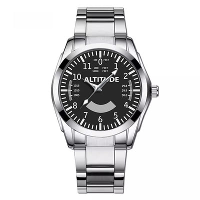 Altitude aviation watch with stainless steel band, stainless steel body with engraved detail.