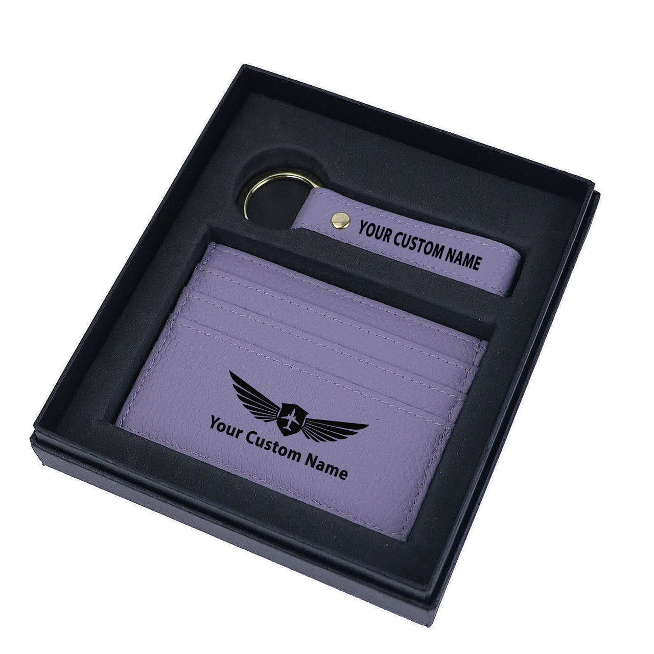 Your Custom Name/Text Genuine Leather Cardholder Key Ring Gift Box Set