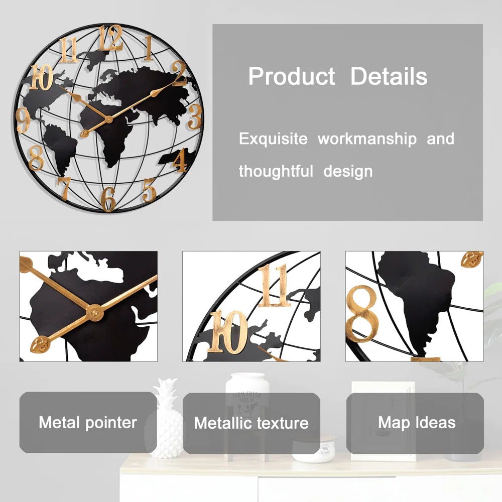 Large Map Metal Minimalist Round Silent Wall Clock