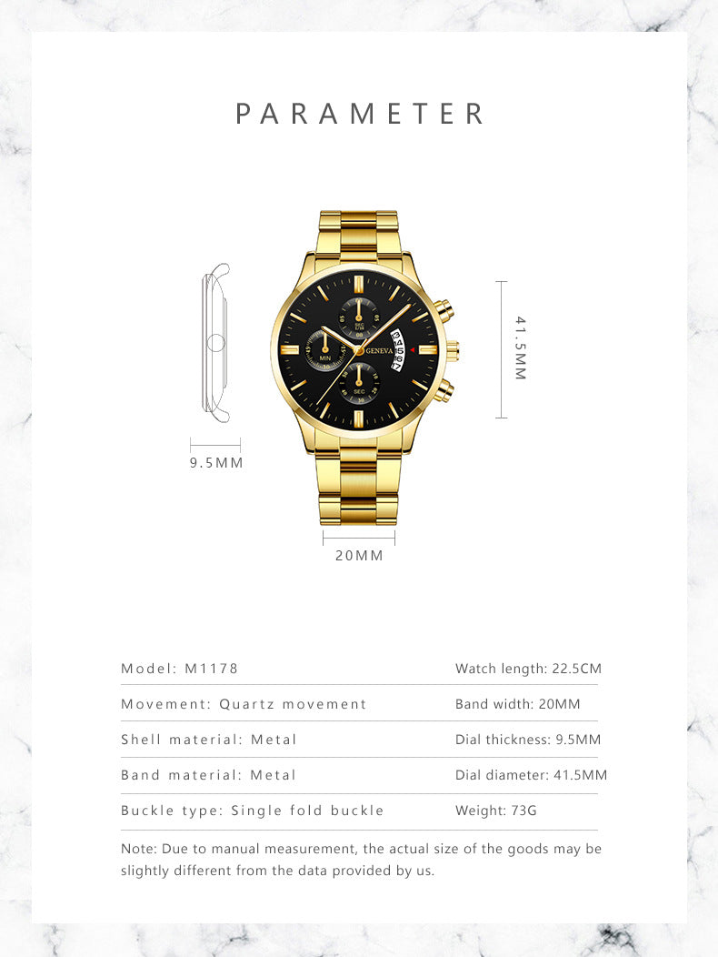 Men's Business Quartz Watch: Large Dial with 3 Sub-Dials, Calendar Function & Stainless Steel Strap