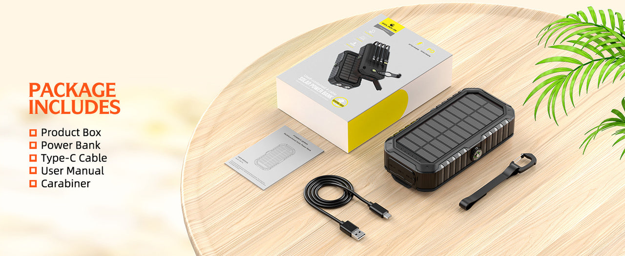 20000mAh Solar Power Bank: 4 Built-in Cables, Hand Crank, 6 Outputs/4 Inputs
