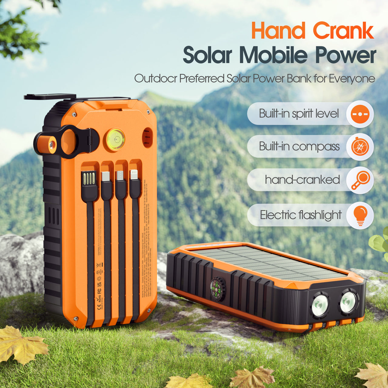 20000mAh Solar Power Bank: 4 Built-in Cables, Hand Crank, 6 Outputs/4 Inputs