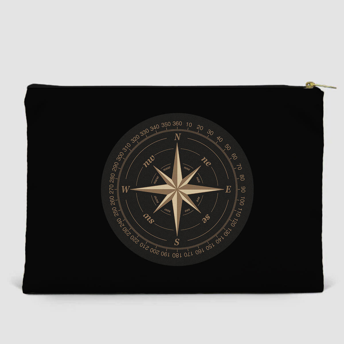 Black Vintage Style Compass Designed Zipper Pouch