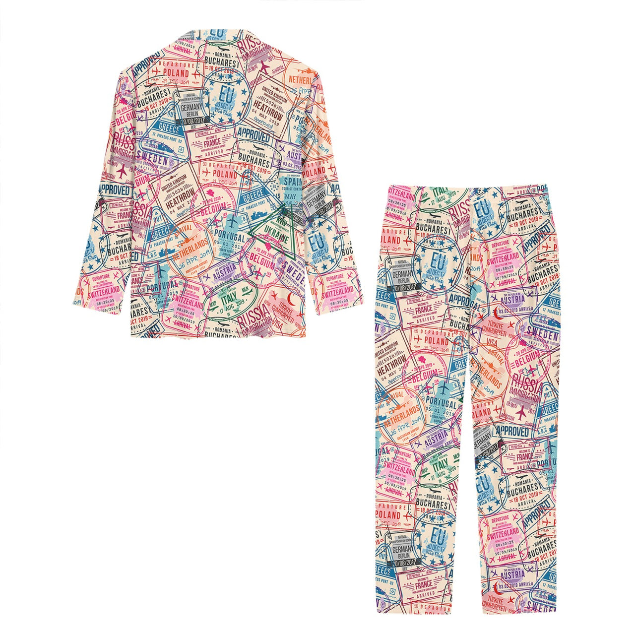 Passport Stamps Designed Women Button Pajamas