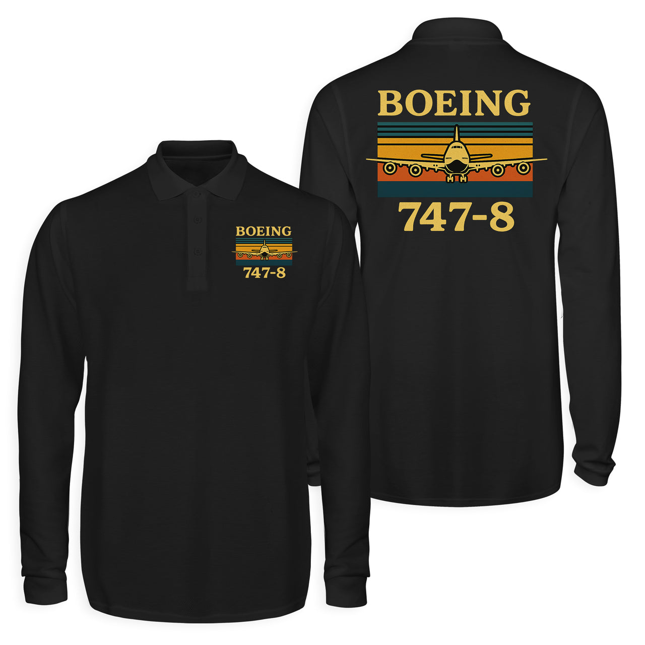 Retro Boeign 747-8 Designed Long Sleeve Polo T-Shirts (Double-Side)