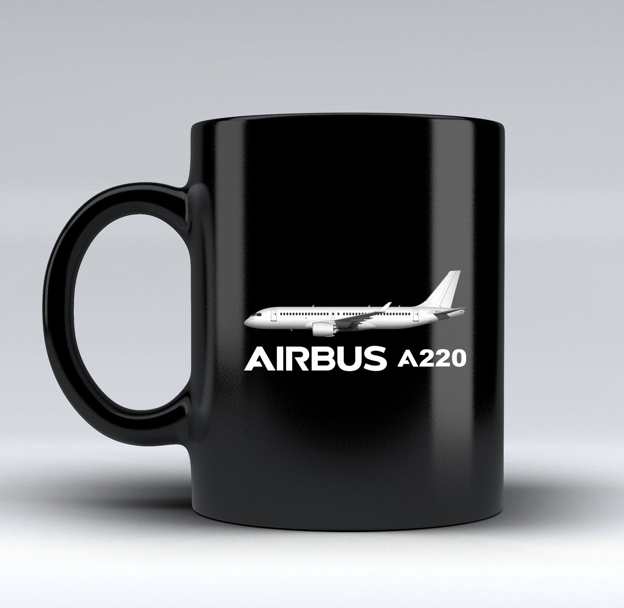 The Airbus A220 Designed Black Mugs