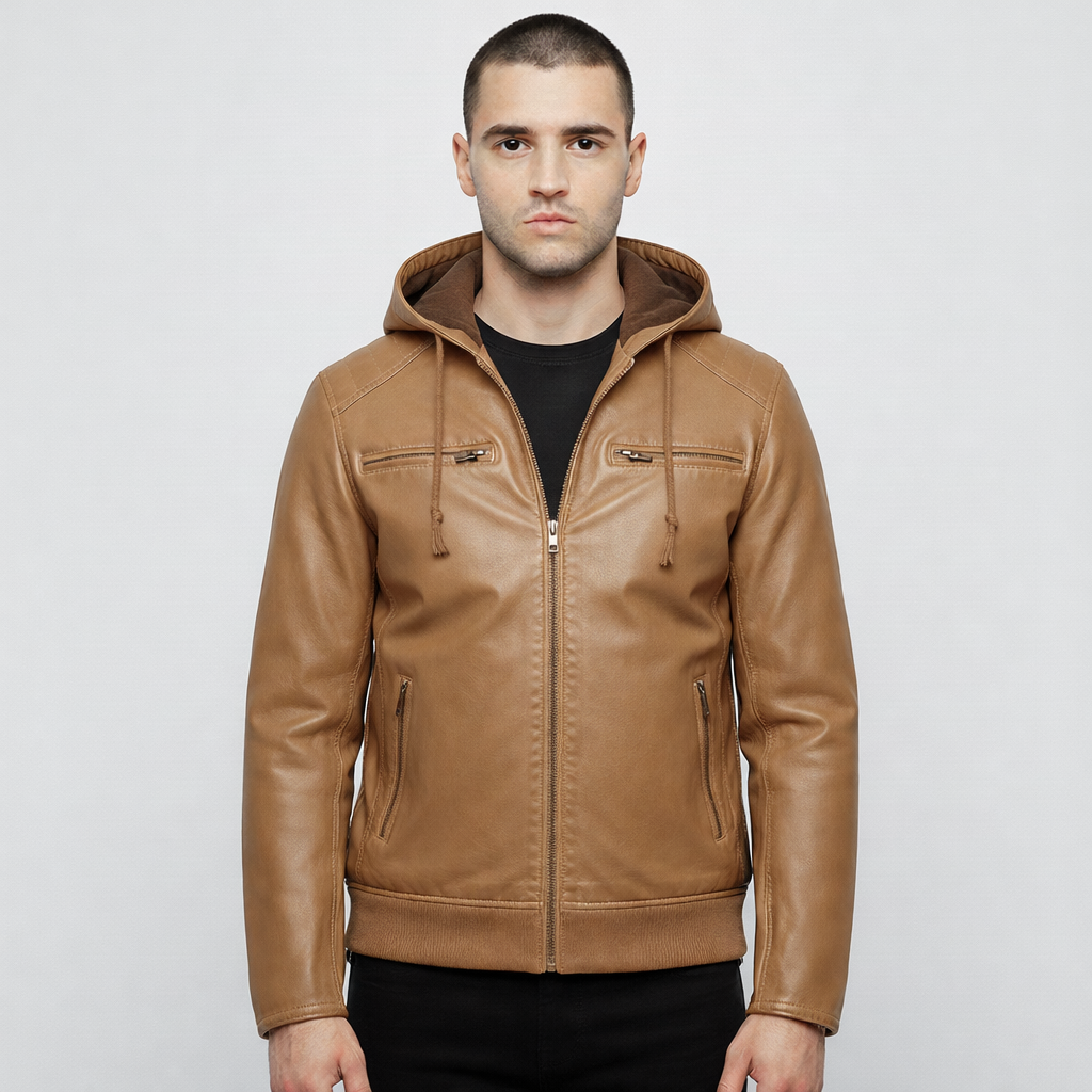 PU Leather Hooded Bomber Pilot Style Jackets
