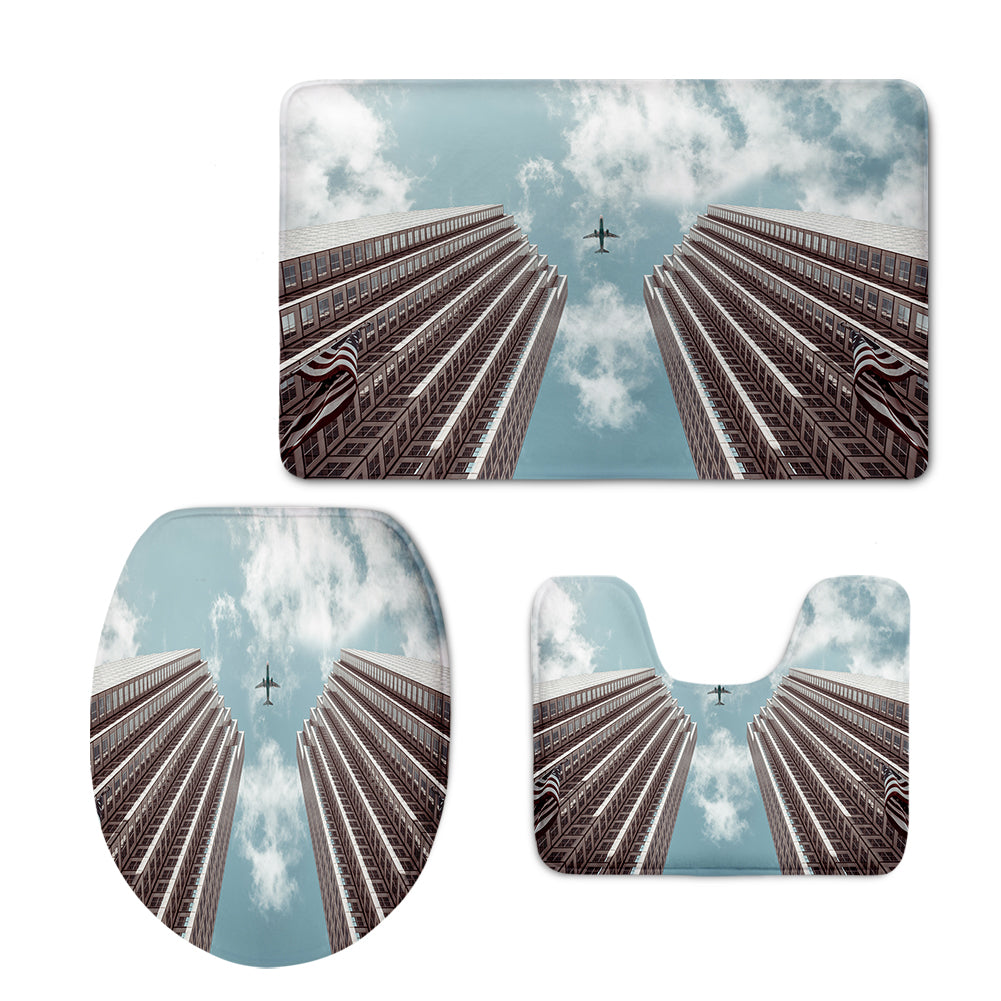 Airplane Flying over Big Buildings Designed Toilet Seat Cover Three-piece Set
