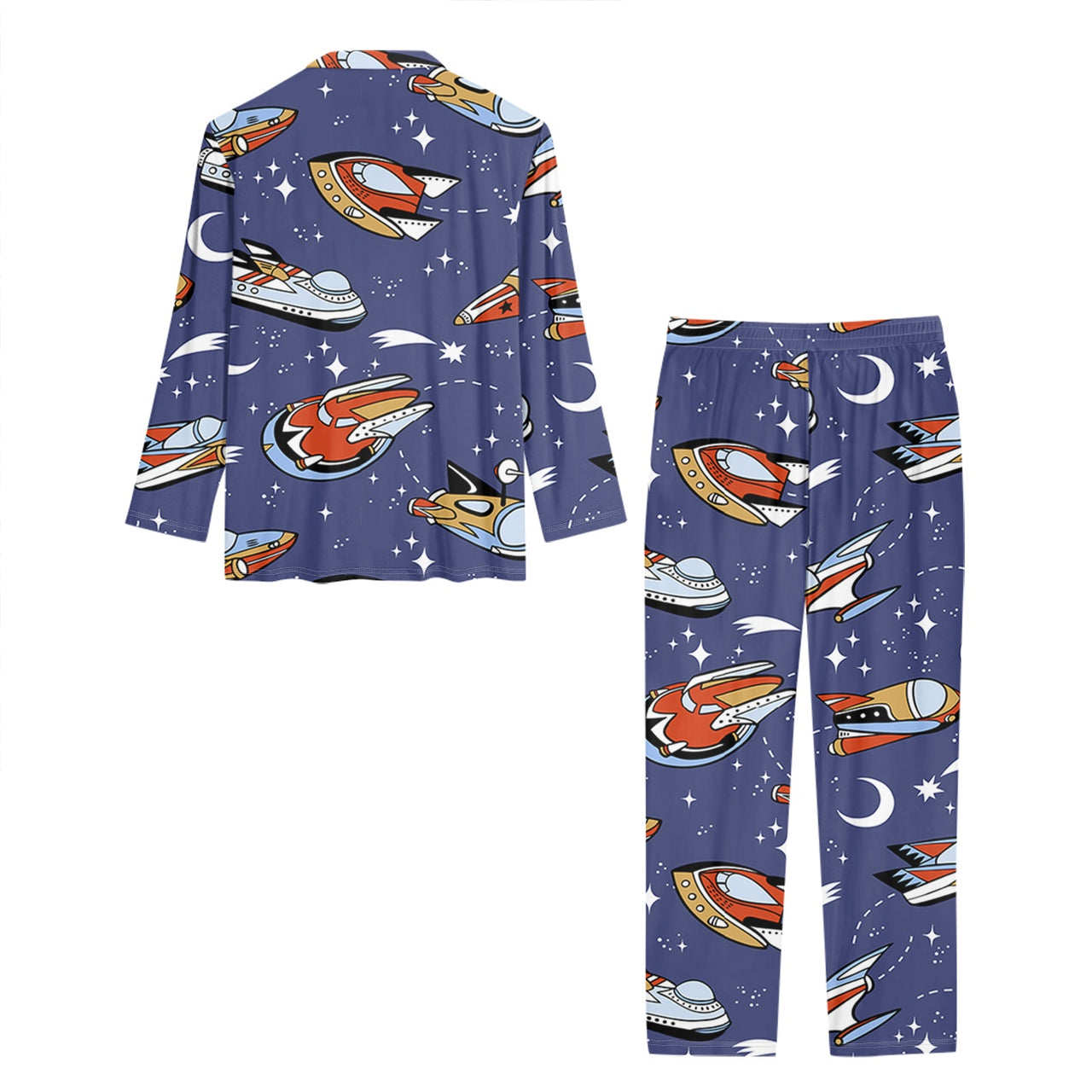 Spaceship & Stars Designed Women Button Pajamas