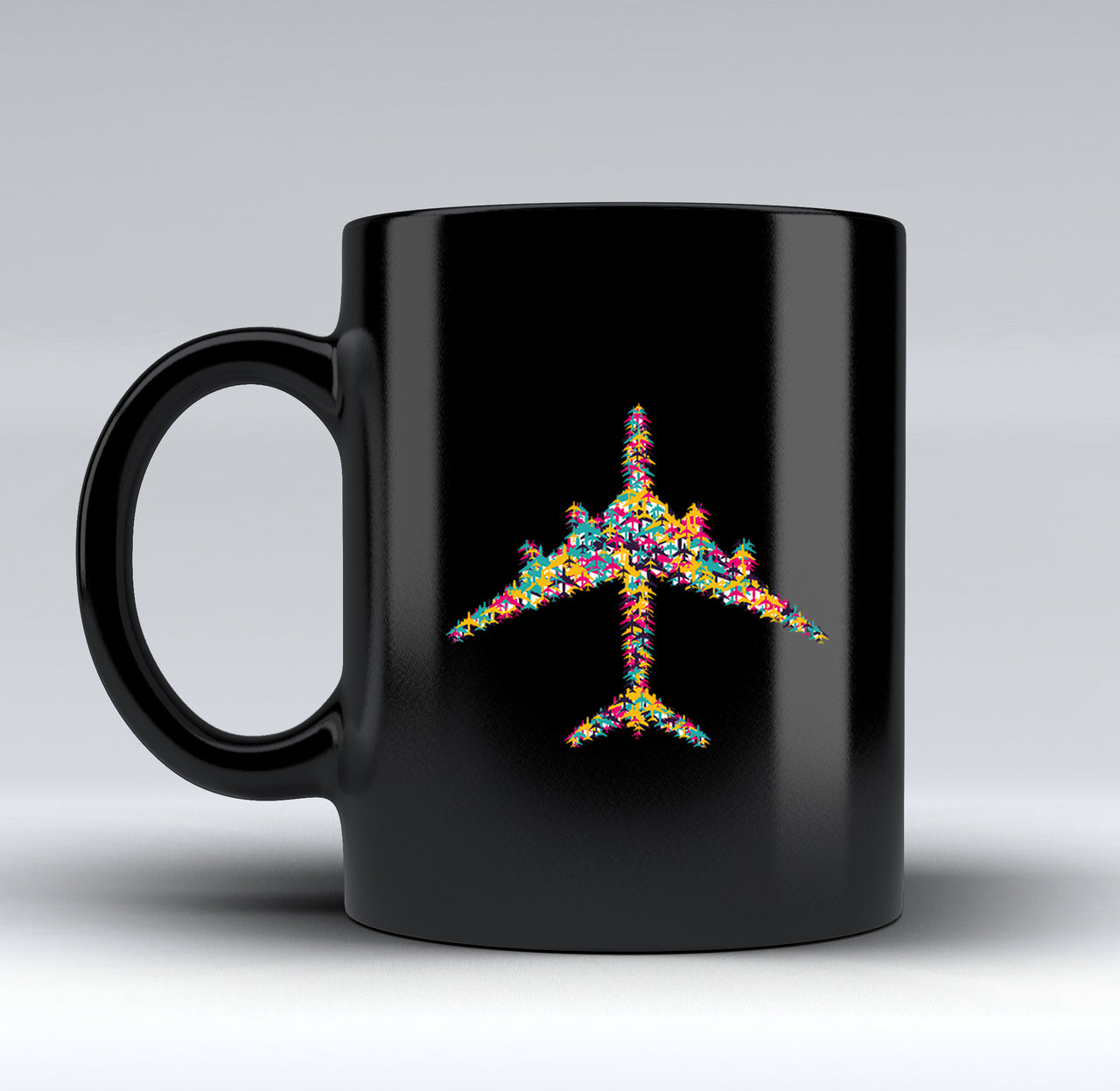 Colourful Airplane Designed Black Mugs