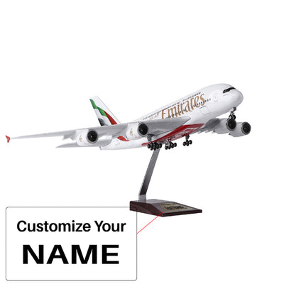 Side view of Emirates Airbus A380 Airplane Model (1/160 Scale) aviation LED model airplane in diecast metal with LED lighting.