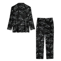Thumbnail for Paper Airplane & Fly Black Designed Women Button Pajamas