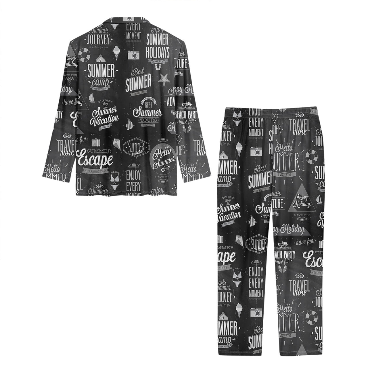 Black & White Super Travel Icons Designed Women Button Pajamas