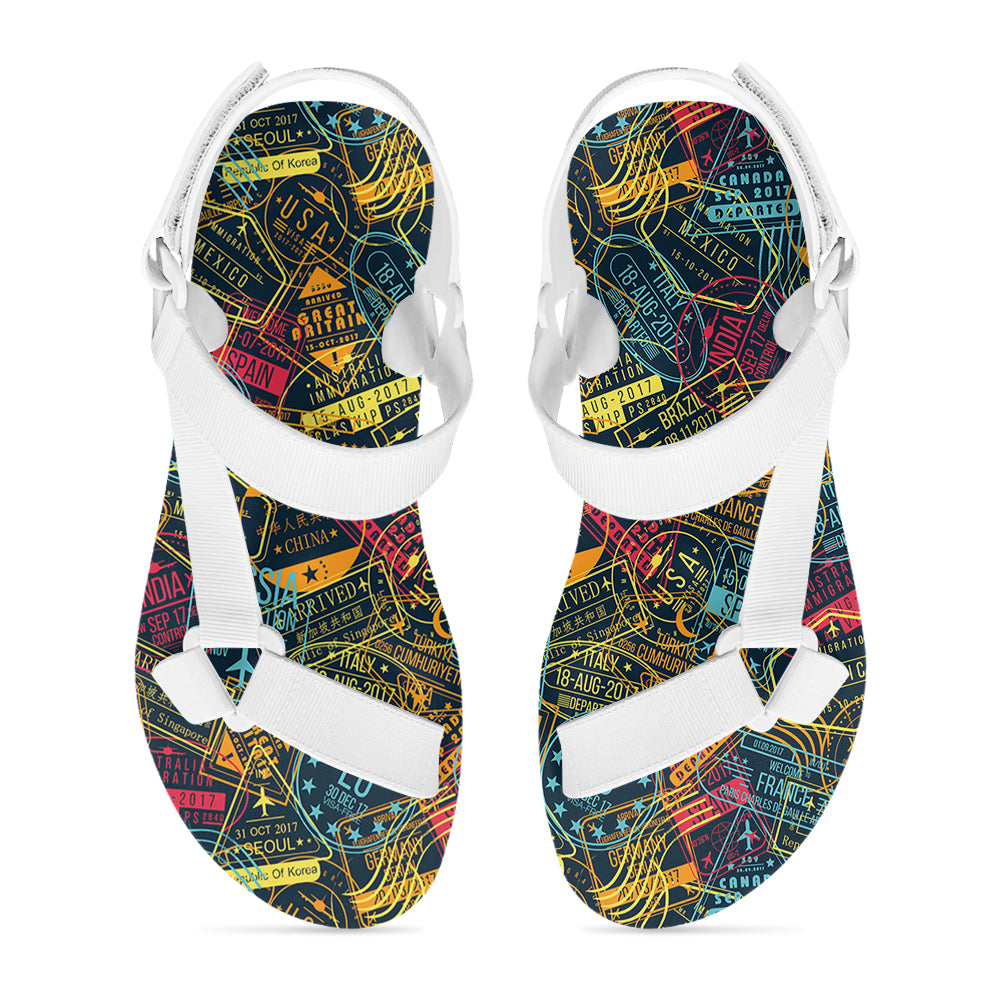 Dark Coloured Passport Stamps Designed Open Toe Sandals (Slippers)