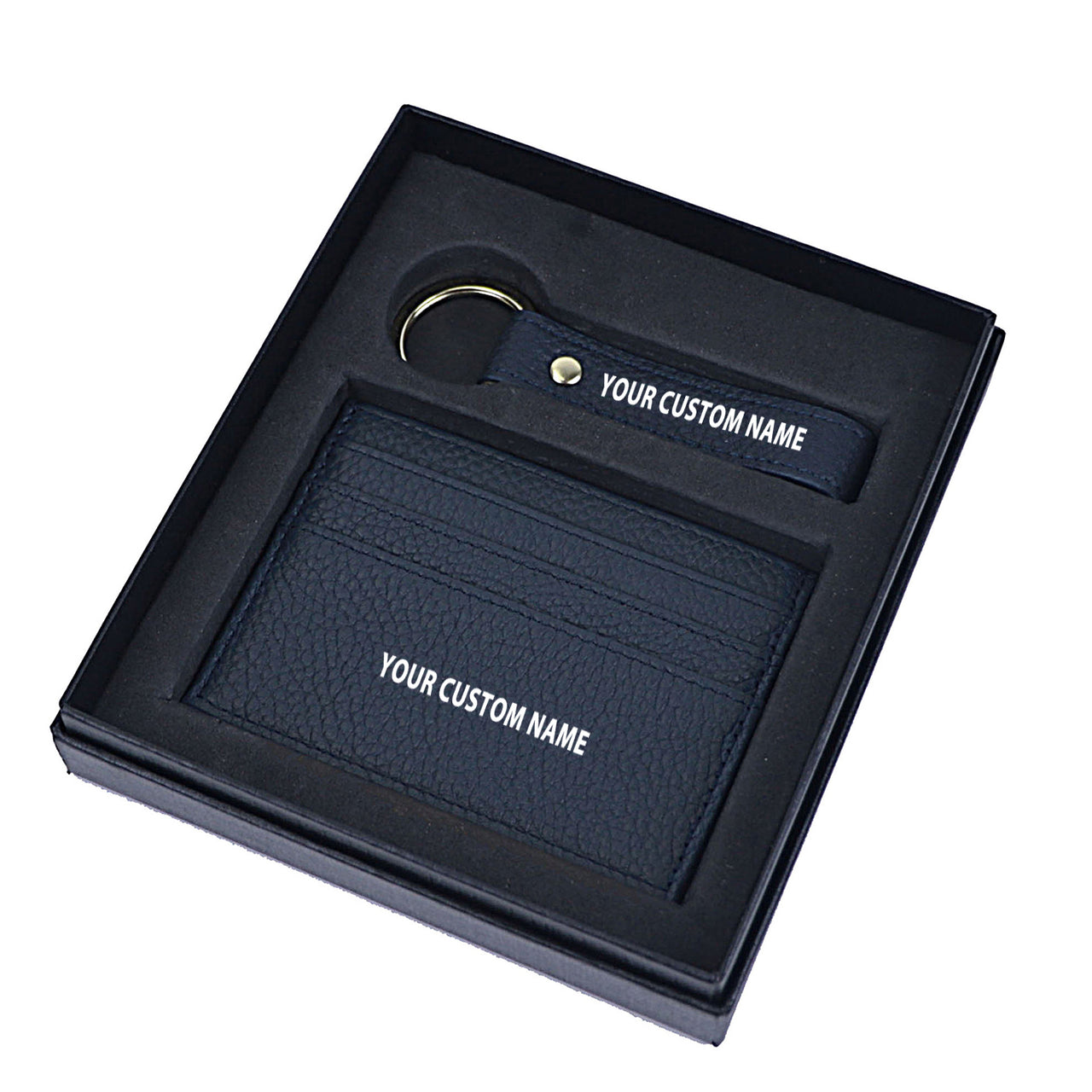 Your Custom Name Genuine Leather Cardholder Key Ring Gift Box Set