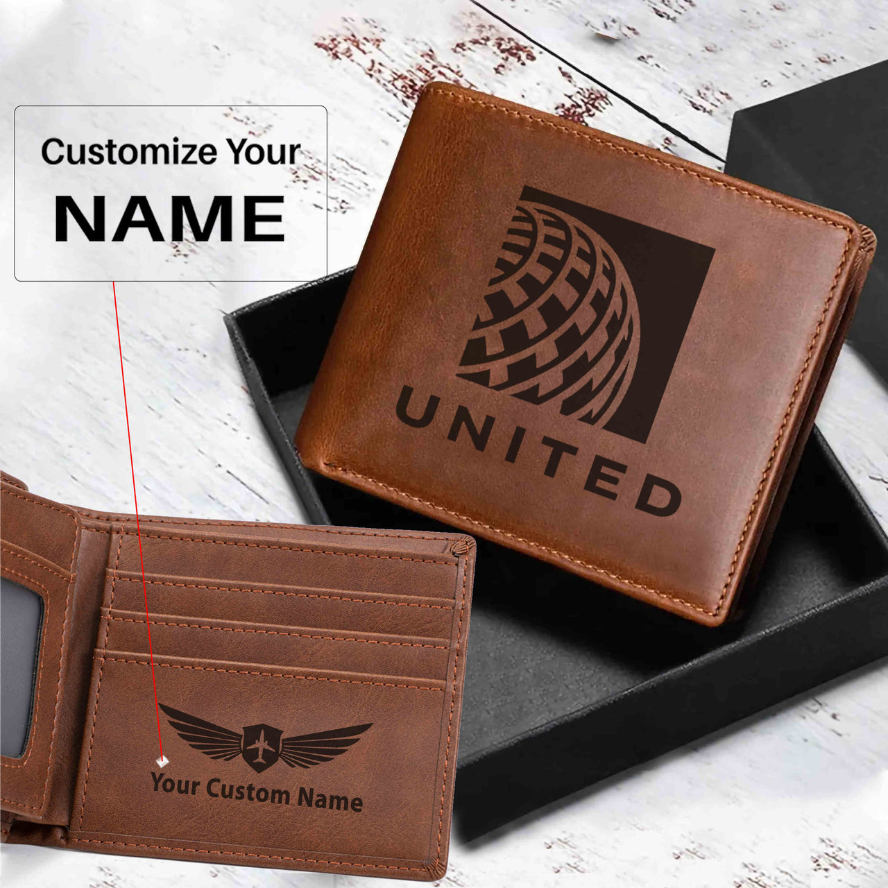 United Airlines Designed Laser Leather Wallets