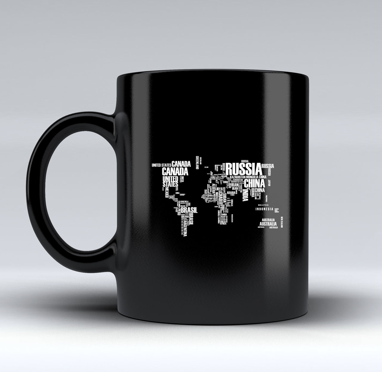 World Map (Text) Designed Black Mugs
