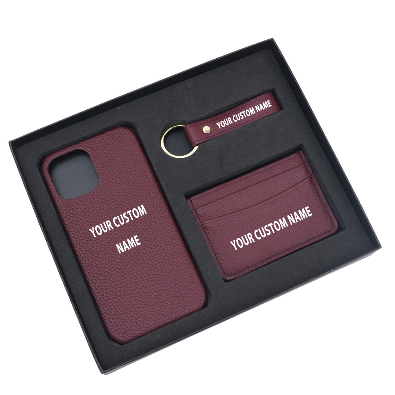 Your Custom Name Design Pebble Leather Phone Case For iPhone Keychain Card Holder Business Gift Set