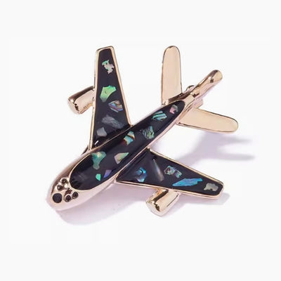 Side view of Golden Black Airplane Brooches for Women aviation brooch in polished alloy, polished finish.
